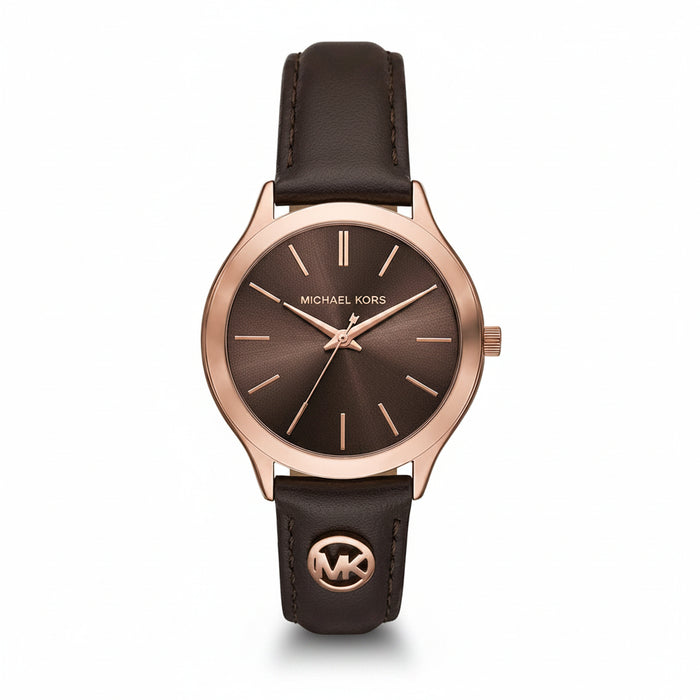 Michael Kors Slim Runway Rose Gold-Tone Dial Brown Leather Strap Ladies Watch β MK7489