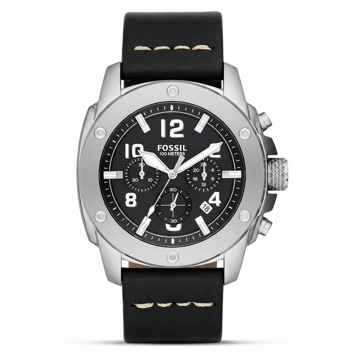 Fossil Modern Machine Chronograph Black Dial Black Leather Men's Watch โ FS4928