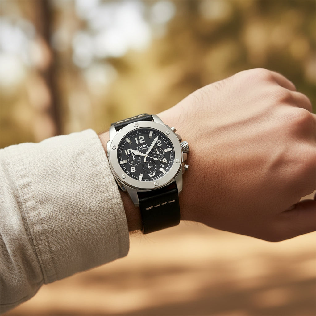 Fossil Modern Machine Chronograph Black Dial Black Leather Men's Watch – FS4928
