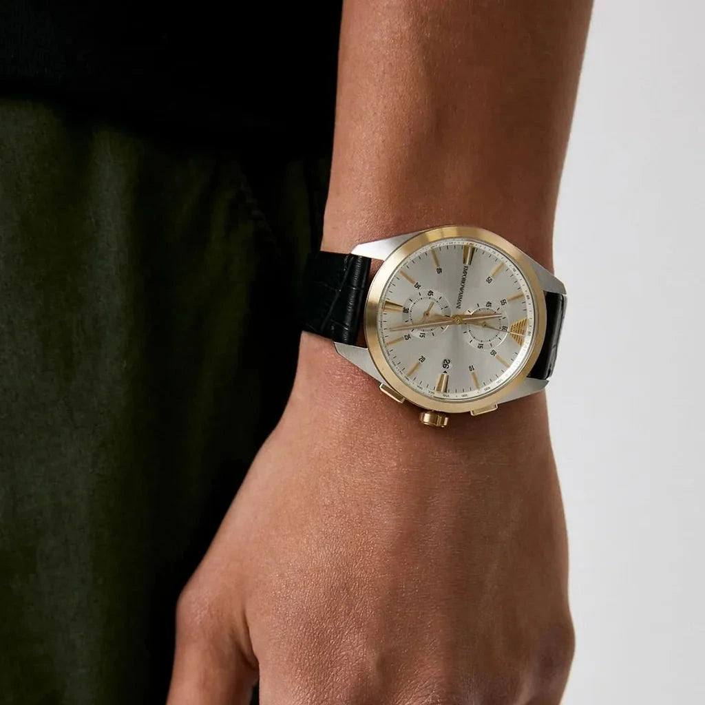 Emporio Armani Chronograph Silver Dial Black Leather Strap Men's Watch – AR11498