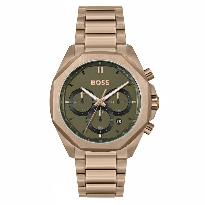 Hugo Boss Men's Olive Green Chronograph Dial Gold-Tone Stainless Steel Watch – 1514019