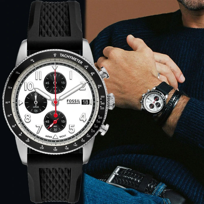 Fossil Sport Tourer White Dial Black Silicone Men's Chronograph Watch โ FS6087