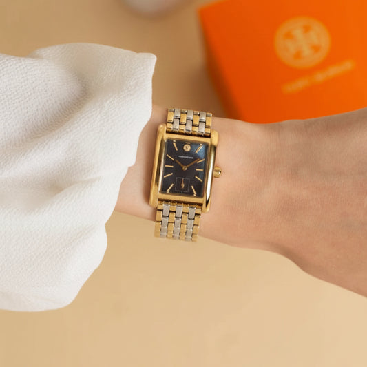 Tory Burch Eleanor Black Tinted Mother-of-Pearl Dial Two-Tone Stainless Steel Ladies Watch โ TBW1084