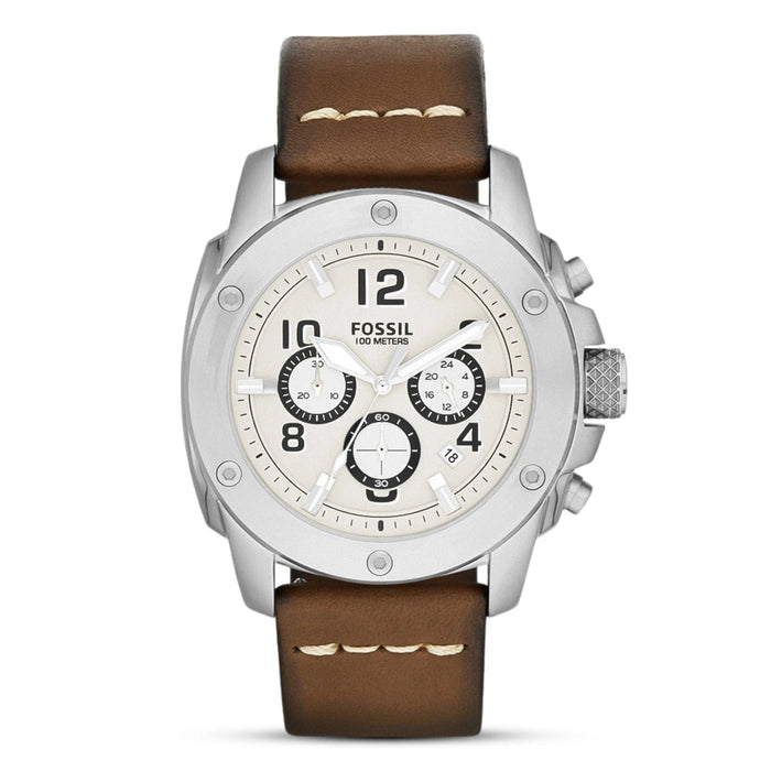 Fossil Modern Machine Chronograph Eggshell White Dial Brown Leather Strap Men's Watch โ FS4929
