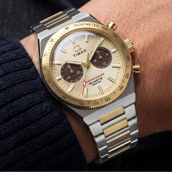 Timex Q Timex Continental Chronograph Two-Tone Gold Dial Watch โ TW2Y92300