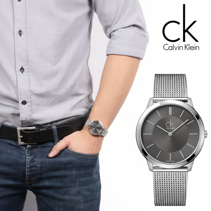 Calvin Klein Minimal Grey Dial Silver Mesh Bracelet Men's Watch โ K3M21124