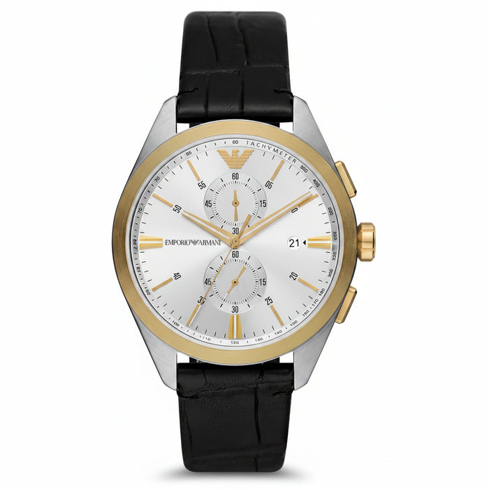 Emporio Armani Chronograph Silver Dial Black Leather Strap Men's Watch – AR11498