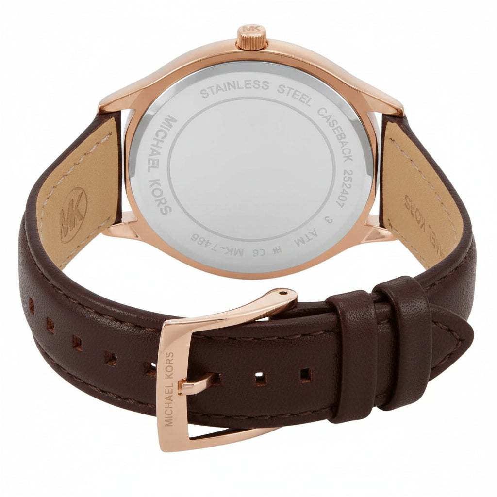 Michael Kors Slim Runway Rose Gold-Tone Dial Brown Leather Strap Ladies Watch – MK7489