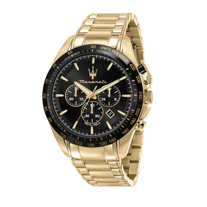 Maserati Traguardo Black Chronograph Dial Gold-Tone Stainless Steel Men's Watch – R8873612041