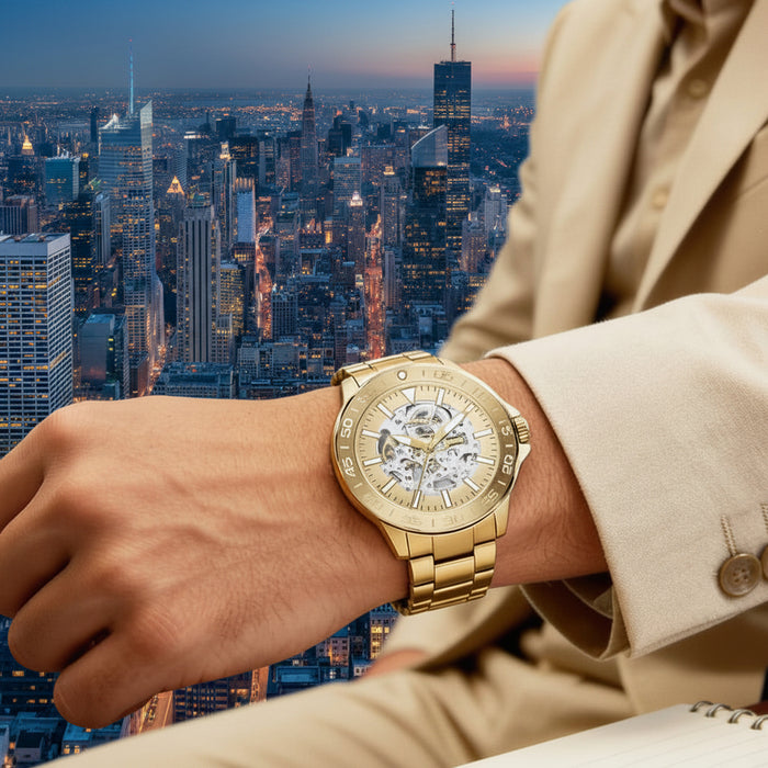 Fossil Bannon Automatic Gold Sunray Dial Gold-Tone Stainless Steel Men's Watch – BQ2680