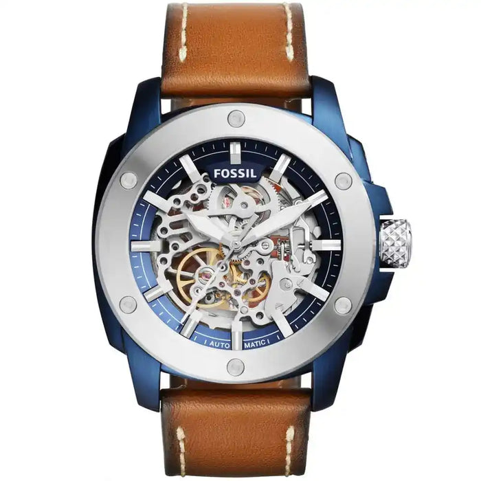Fossil Modern Machine Skeleton Blue Dial Brown Leather Strap Men's Watch – ME3135