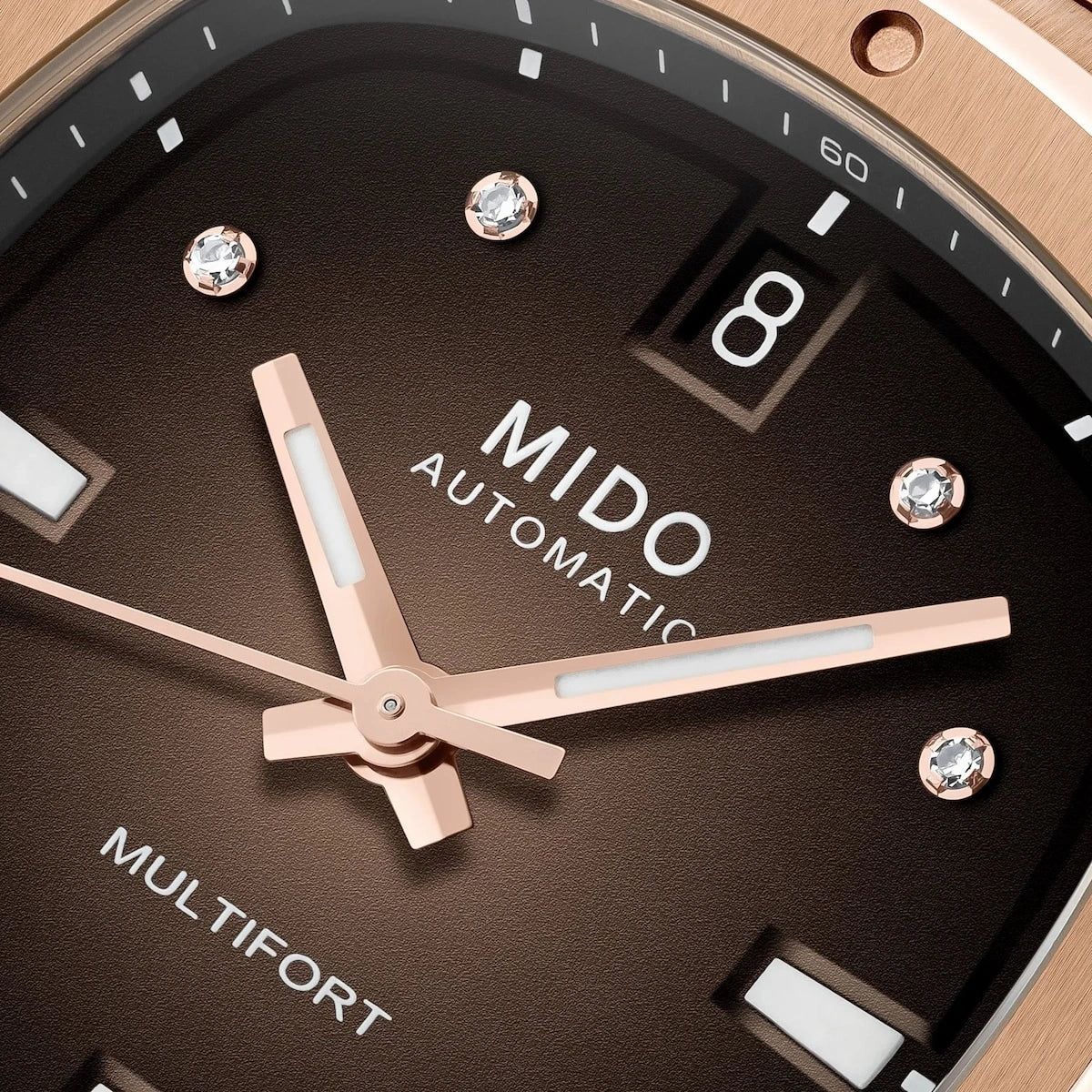 MIDO Multifort TV 35 Brown Gradient Dial Rose Gold PVD Stainless Steel Ladies Watch – M049.307.33.296.00