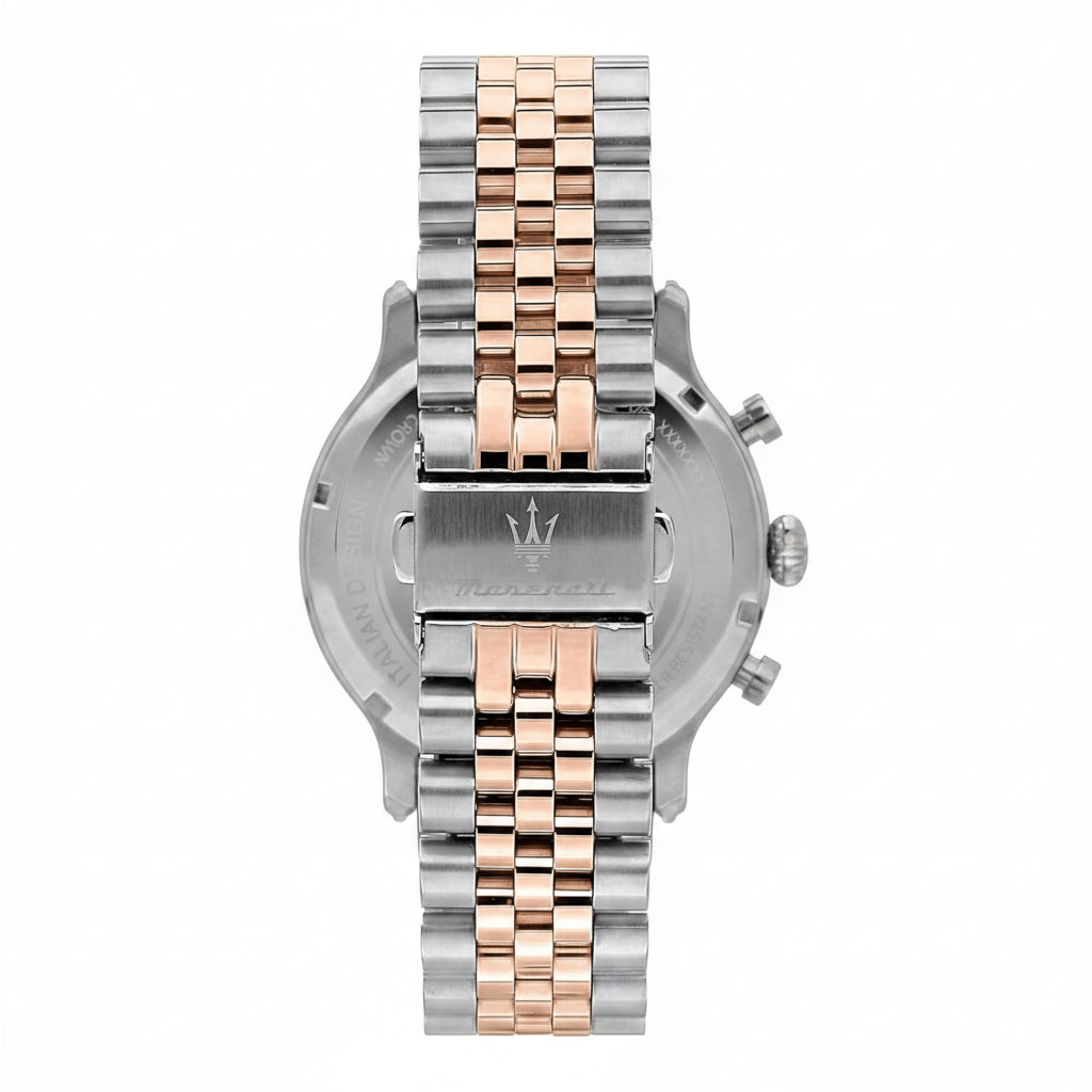 Close-up rear view of a wristwatch with a two-tone metal bracelet, featuring silver and rose gold links, on a white background.
