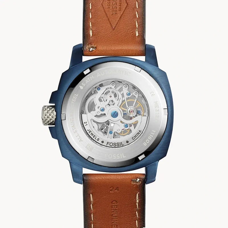 Fossil Modern Machine Skeleton Blue Dial Brown Leather Strap Men's Watch – ME3135