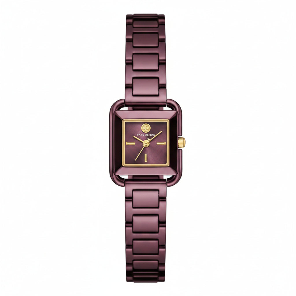 A women's rectangular analog watch with a metallic plum-purple link bracelet, a matching purple dial, and gold-tone hands and hour markers, shown against a plain white background.