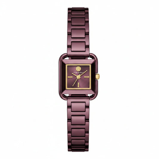 A women's rectangular analog watch with a metallic plum-purple link bracelet, a matching purple dial, and gold-tone hands and hour markers, shown against a plain white background.