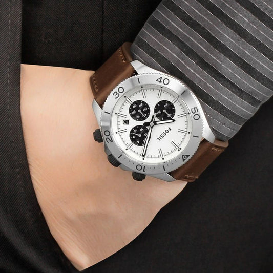 Fossil Retro Traveller White Chronograph Dial Brown Leather Strap Men's Watch – CH2886