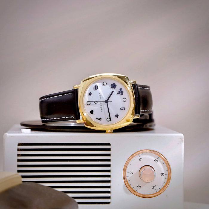 Marc Jacobs Gold White Dial Leather Strap Ladies Watch | MJ1564