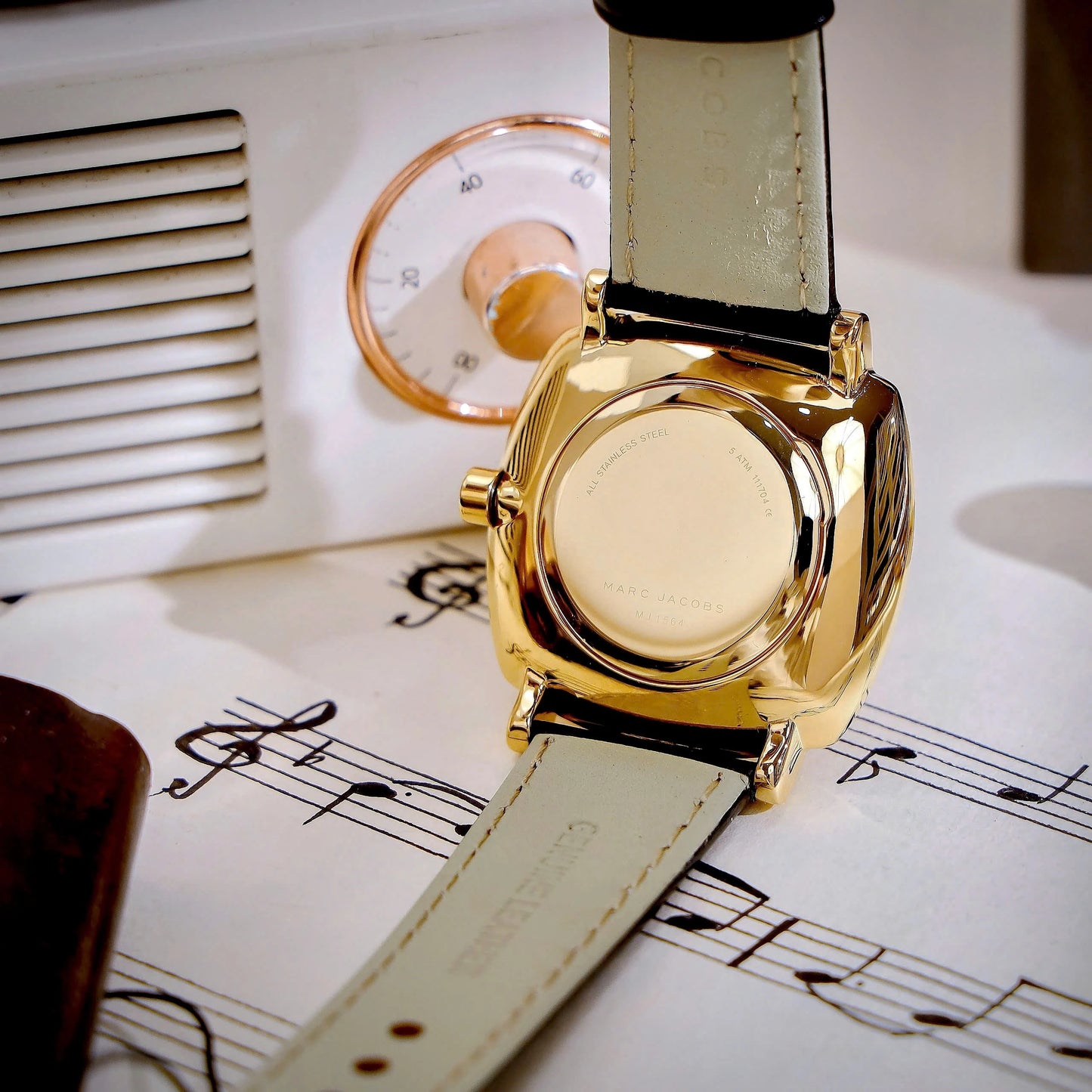 Marc Jacobs Gold White Dial Leather Strap Ladies Watch | MJ1564