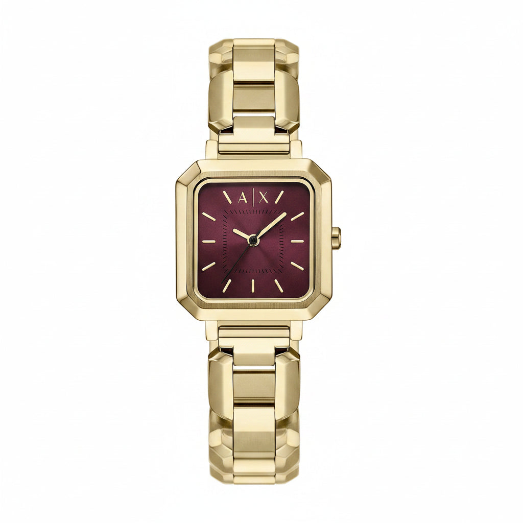 A gold-tone Armani Exchange women's watch featuring a square bezel, a gold link bracelet, and a maroon-purple dial with gold indices.