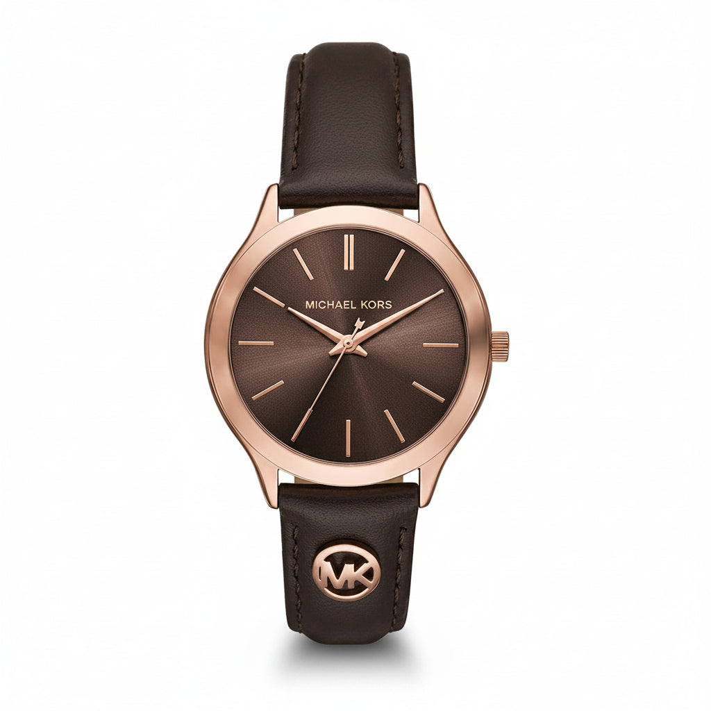 Michael Kors Slim Runway Rose Gold-Tone Dial Brown Leather Strap Ladies Watch – MK7489