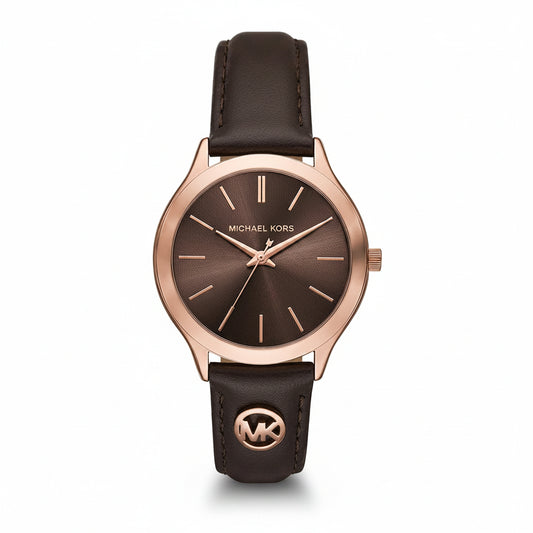 Michael Kors Slim Runway Rose Gold-Tone Dial Brown Leather Strap Ladies Watch – MK7489