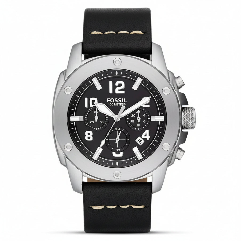 Fossil 100 Meters wristwatch with a black dial, silver-tone case, and black leather strap with beige contrast stitching.