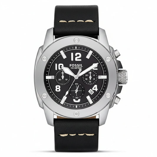 Fossil 100 Meters wristwatch with a black dial, silver-tone case, and black leather strap with beige contrast stitching.