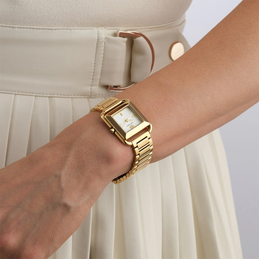Tory Burch Kira Square Ivory Dial Gold-Tone Stainless Steel Ladies Watch – TBW6020