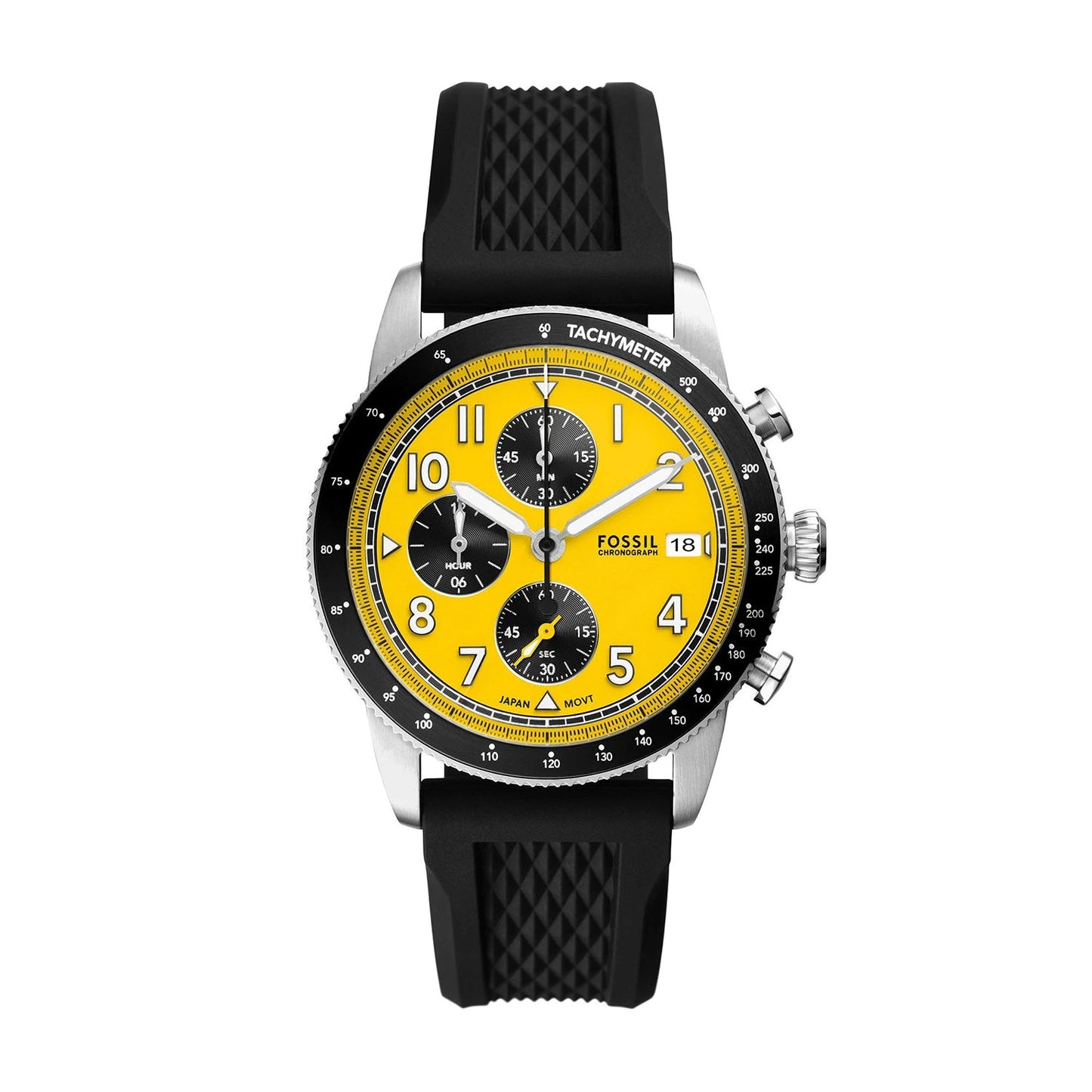Fossil Sport Tourer Chronograph Yellow Dial Black Silicone Men's Watch – FS6044