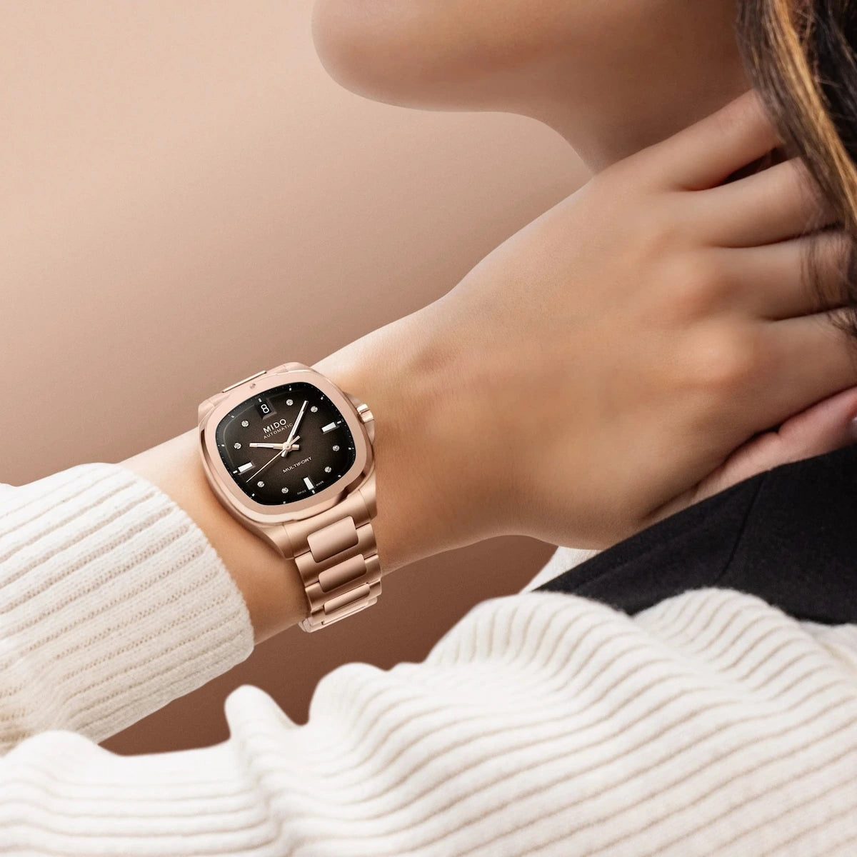 MIDO Multifort TV 35 Brown Gradient Dial Rose Gold PVD Stainless Steel Ladies Watch – M049.307.33.296.00