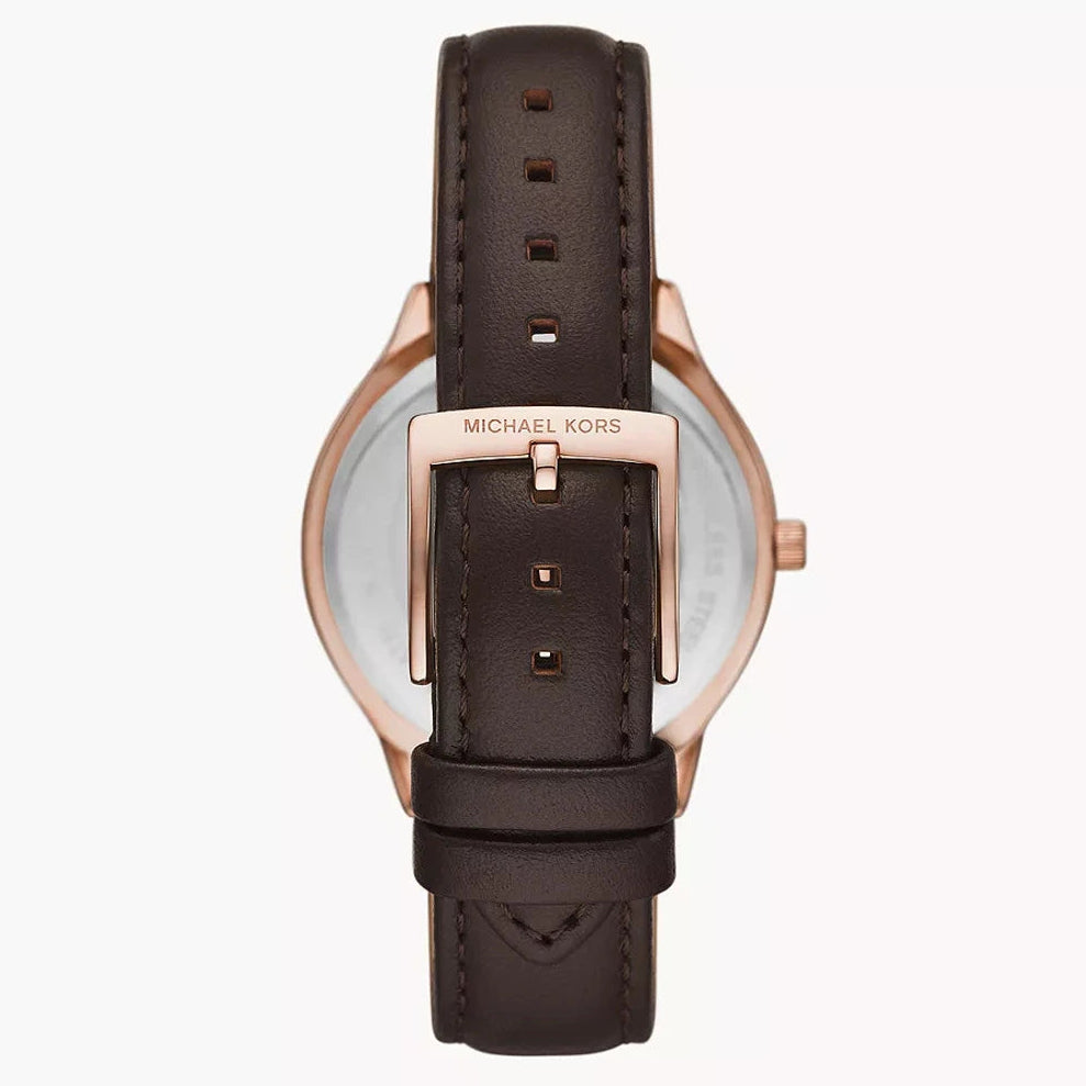 Michael Kors Slim Runway Rose Gold-Tone Dial Brown Leather Strap Ladies Watch – MK7489