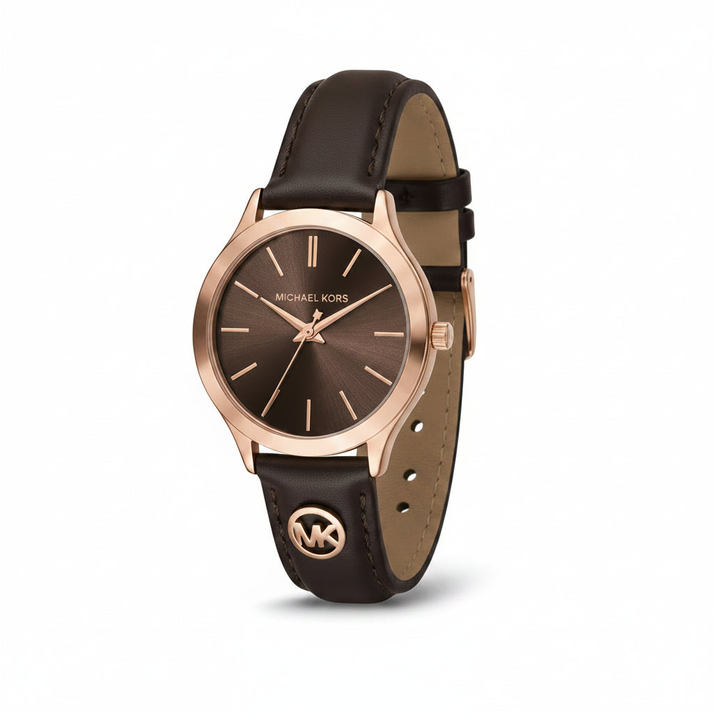 Michael Kors Slim Runway Rose Gold-Tone Dial Brown Leather Strap Ladies Watch – MK7489