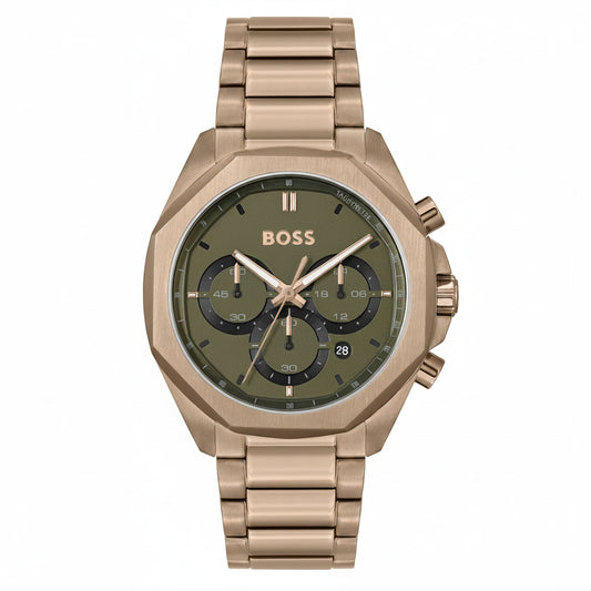 Hugo Boss Men's Olive Green Chronograph Dial Gold-Tone Stainless Steel Watch – 1514019