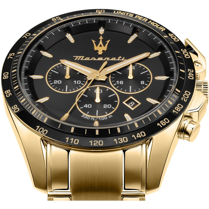 Maserati Traguardo Black Chronograph Dial Gold-Tone Stainless Steel Men's Watch – R8873612041