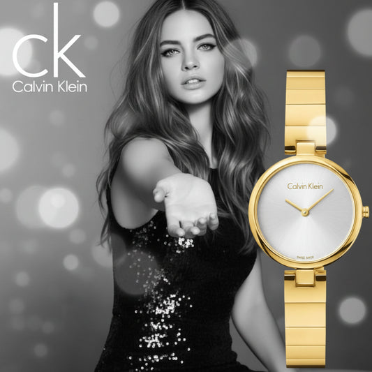 Calvin Klein Authentic Silver Dial Yellow Gold Ladies Watch – K8G23546