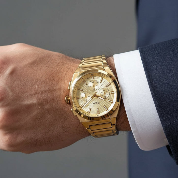 Fossil Everett Champagne Sunray Chronograph Gold-Tone Stainless Steel Men's Watch – FS6119
