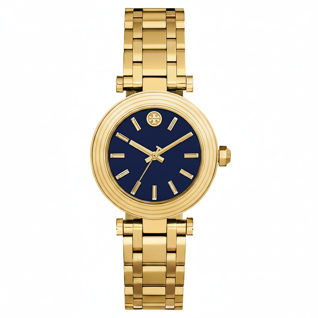 A gold-tone stainless steel wrist watch with a round bezel, a deep blue dial, and gold-tone hands and hour markers, featuring a matching gold-tone link bracelet. The brand logo is visible on the dial.