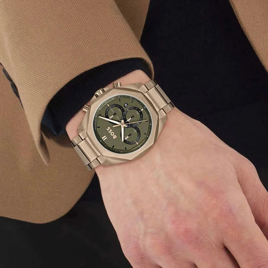 Hugo Boss Men's Olive Green Chronograph Dial Gold-Tone Stainless Steel Watch – 1514019