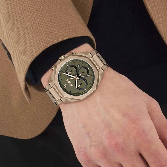 Hugo Boss Men's Olive Green Chronograph Dial Gold-Tone Stainless Steel Watch – 1514019