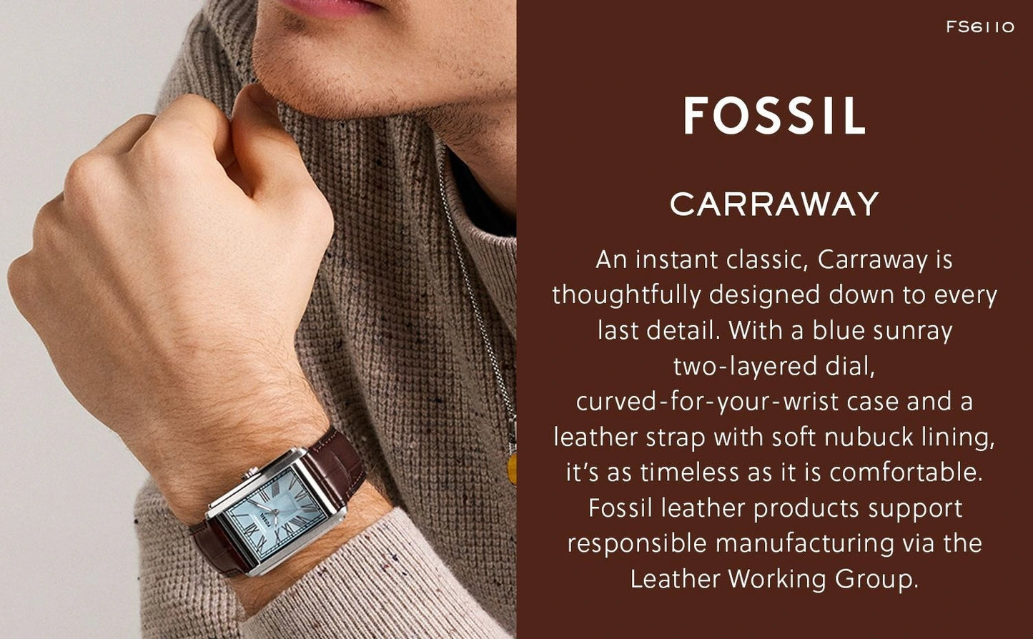 Fossil Carraway Blue Sunray Dial Brown Croco Leather Strap Men's Watch – FS6110
