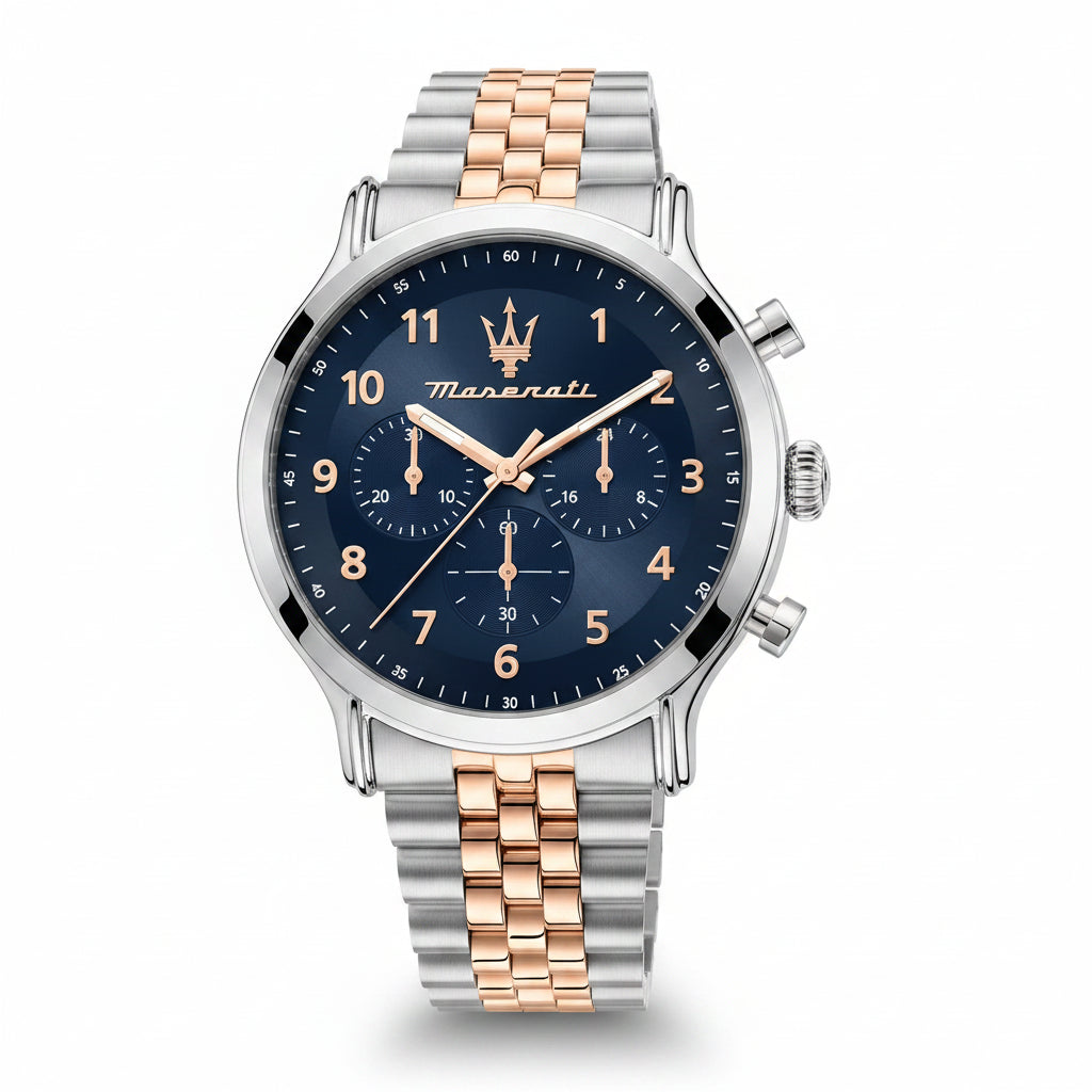 Maserati watch with blue dial and rose gold and silver bracelet on white background