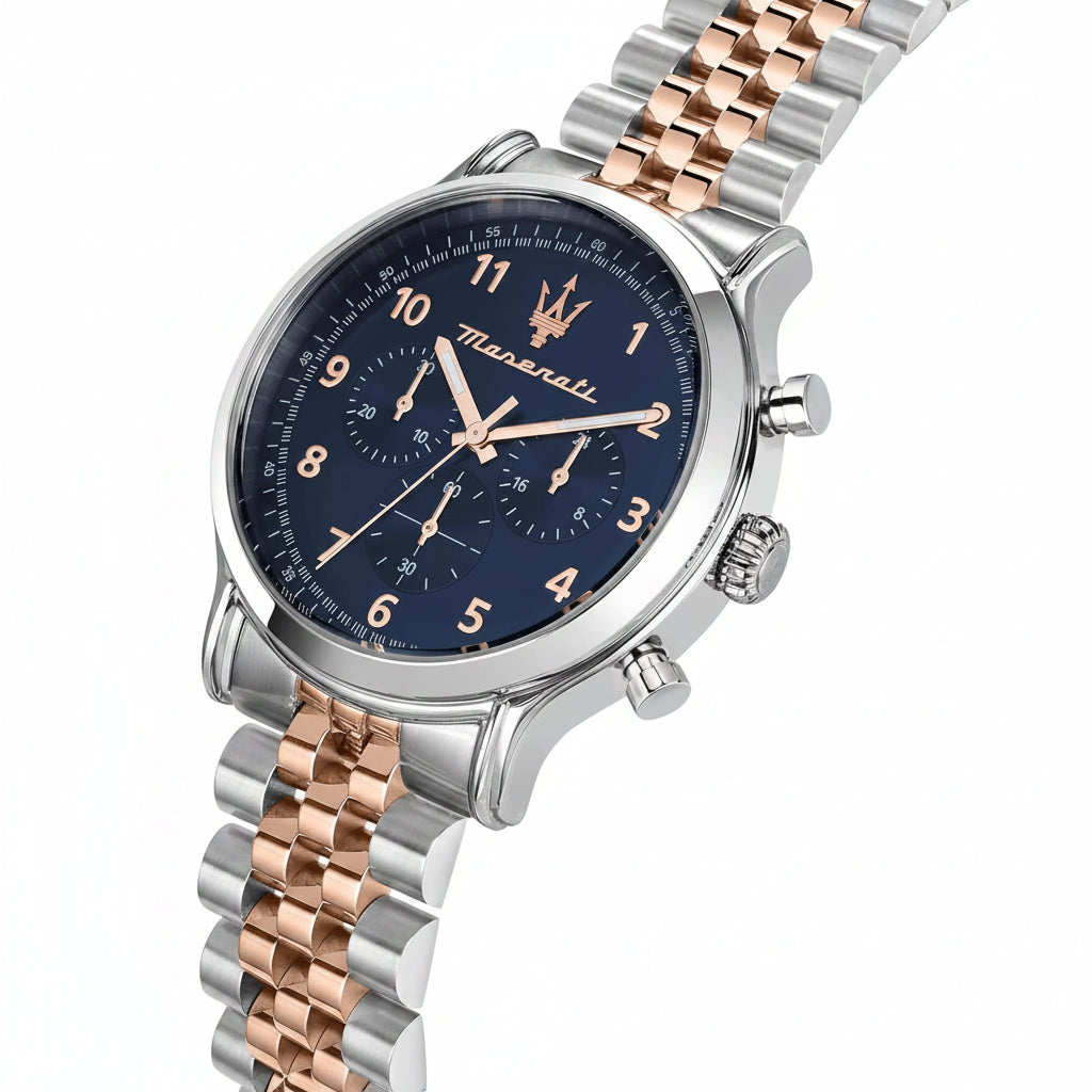 A Maserati two-tone stainless steel and rose gold chronograph watch with a dark blue dial, shown on a clean white background.