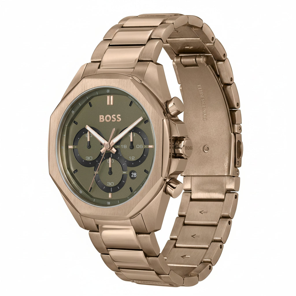 Hugo Boss Men's Olive Green Chronograph Dial Gold-Tone Stainless Steel Watch – 1514019