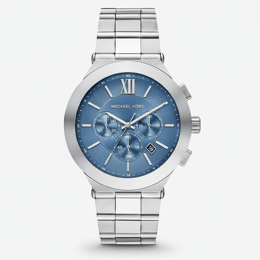 Silver watch with blue face on a white background