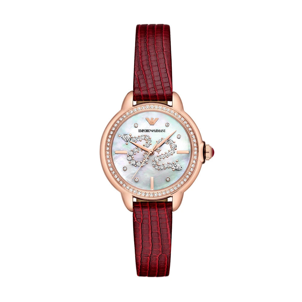 Emporio Armani Snake White Mother of Pearl Dial Red Leather Strap Ladies Watch – AR11646