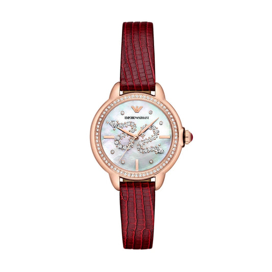 Emporio Armani Snake White Mother of Pearl Dial Red Leather Strap Ladies Watch – AR11646