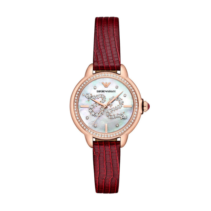 Emporio Armani Snake White Mother of Pearl Dial Red Leather Strap Ladies Watch – AR11646