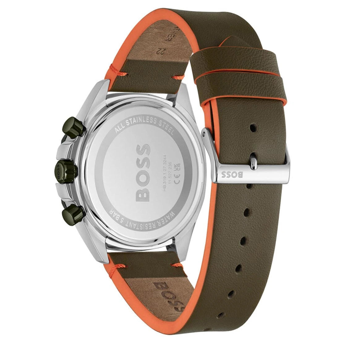 A Hugo Boss watch shown from the back, featuring a brown leather strap with bright orange lining and a silver-tone case with a clear back cover.