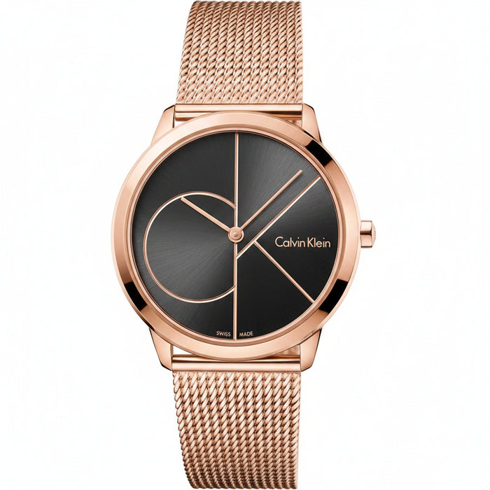 Calvin Klein Minimal Black Dial Rose Gold Mesh Bracelet Watch for Men - K3M22621